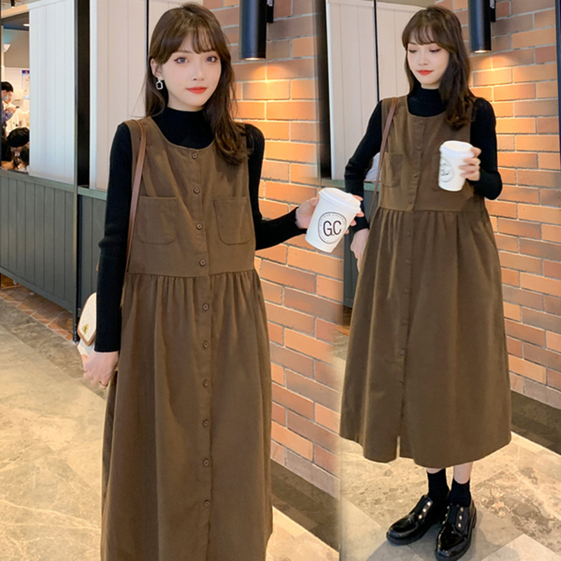 AUTUMN AND WINTER CLOTHES NEW KOREAN VERSION OF MATERNITY CLOTHES LOOSE AND THIN TWO-PIECE SUSPENDER SKIRT TIDE MOM DRESS PREGNANCY SUIT