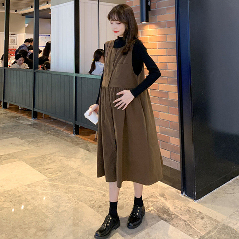 AUTUMN AND WINTER CLOTHES NEW KOREAN VERSION OF MATERNITY CLOTHES LOOSE AND THIN TWO-PIECE SUSPENDER SKIRT TIDE MOM DRESS PREGNANCY SUIT