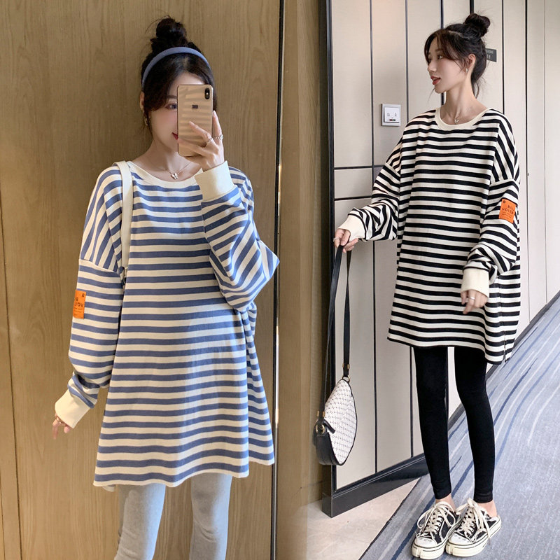 SPRING AND AUTUMN CLOTHES THE NEW KOREAN VERSION OF THE MATERNITY CLOTHES LOOSE SWEATSHIRTS FOREIGN SUITS TRENDY MOTHERS STRIPED TOPS THIN BELLY PANTS