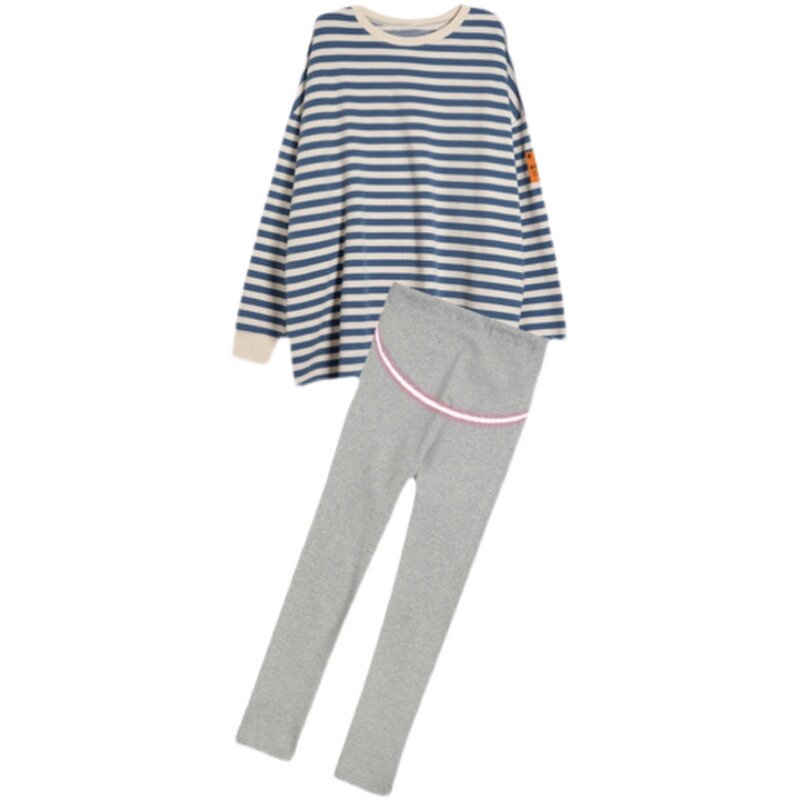 SPRING AND AUTUMN CLOTHES THE NEW KOREAN VERSION OF THE MATERNITY CLOTHES LOOSE SWEATSHIRTS FOREIGN SUITS TRENDY MOTHERS STRIPED TOPS THIN BELLY PANTS