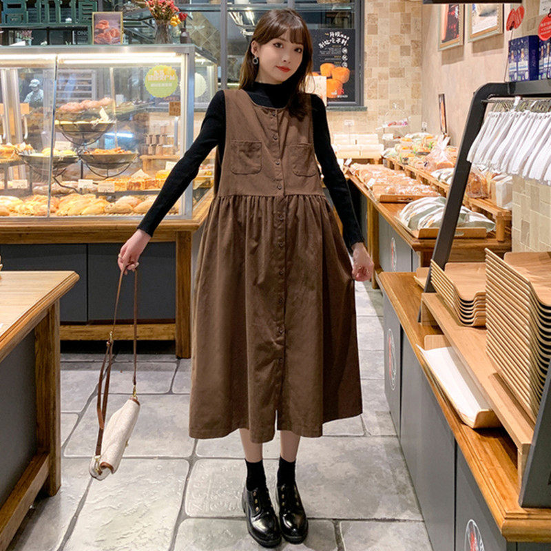 AUTUMN AND WINTER CLOTHES NEW KOREAN VERSION OF MATERNITY CLOTHES LOOSE AND THIN TWO-PIECE SUSPENDER SKIRT TIDE MOM DRESS PREGNANCY SUIT