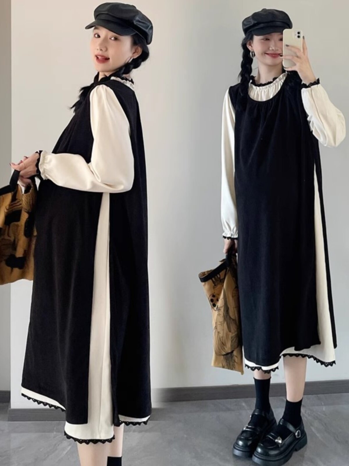 MATERNITY DRESS SPRING DRESS NEW KOREAN VERSION MIDI DRESS EARLY SPRING STRAND FASHION VEST SKIRT TWO PIECE SET