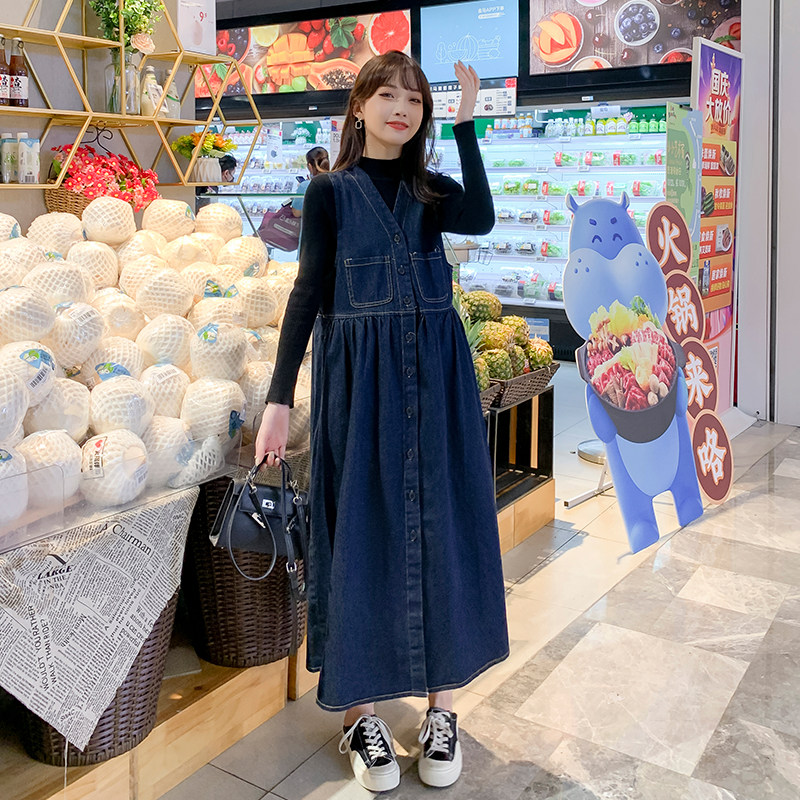 MATERNITY AUTUMN CLOTHES NEW KOREAN VERSION OF THE MID-LENGTH DENIM STRAP SKIRT TWO-PIECE SUIT PLUS SIZE LOOSE SLIM DRESS
