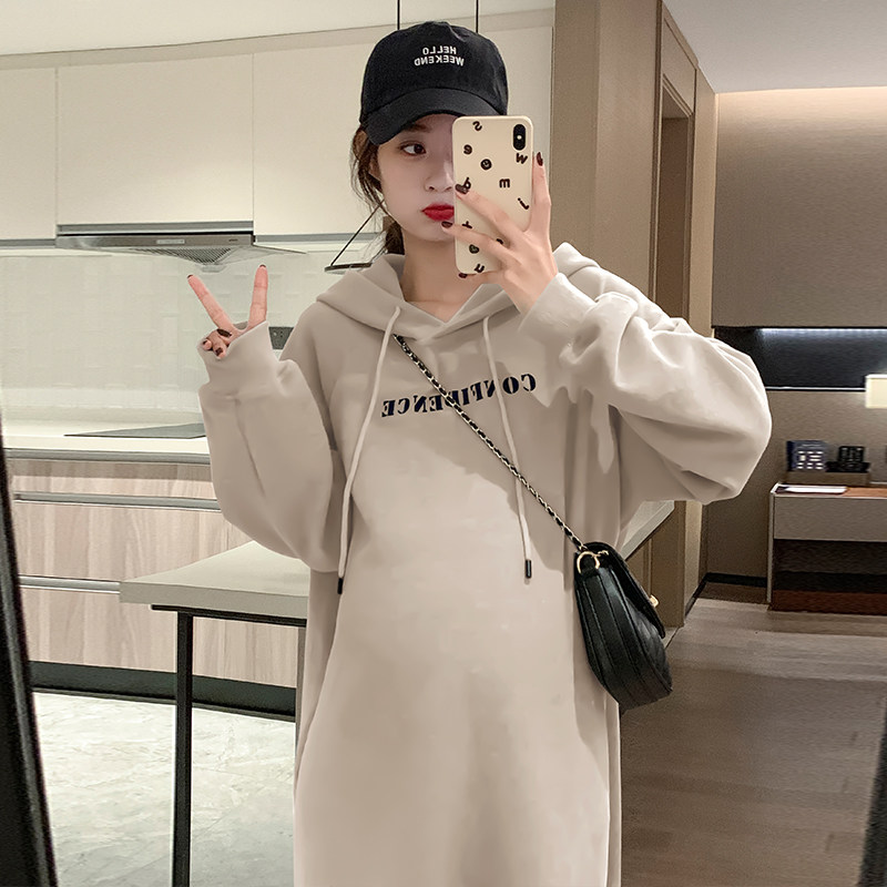 가을 겨울 한국 스타일 플러스 사이즈 플러스 사이즈 출산 착용 여성을위한 느슨한 후드 편지 스웨터 유행 엄마 무릎 슬릿 드레스