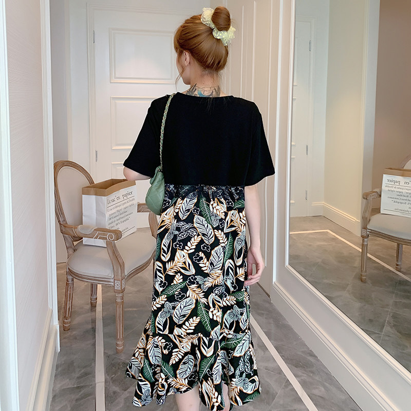 SPRING AND SUMMER CLOTHES NEW KOREAN VERSION PLUS SIZE MATERNITY CLOTHES FAKE TWO DRESSES FOREIGN STYLE BASE SHIRTS FAT MM OVER-THE-KNEE SKIRT TIDE