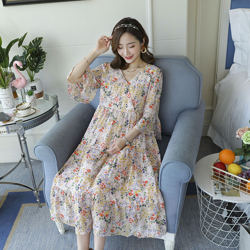 FOREIGN MATERNITY CLOTHES PLUS-SIZE MATERNITY CLOTHES SPRING AND SUMMER LOOSE MID-LENGTH FLORAL DRESS TEMPERAMENT 200 POUND SKIRT