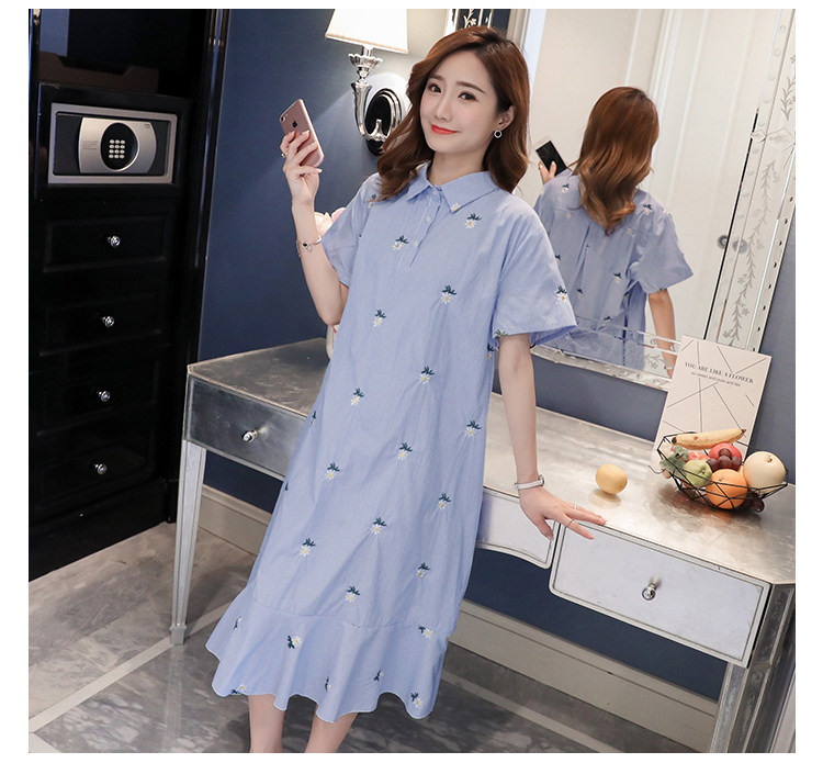 여름 새 스타일 한국 대형 출산 착용 얇은 섹션 출산 롱 스커트 셔츠 임신 복장 플러스 지방 자수 스커트