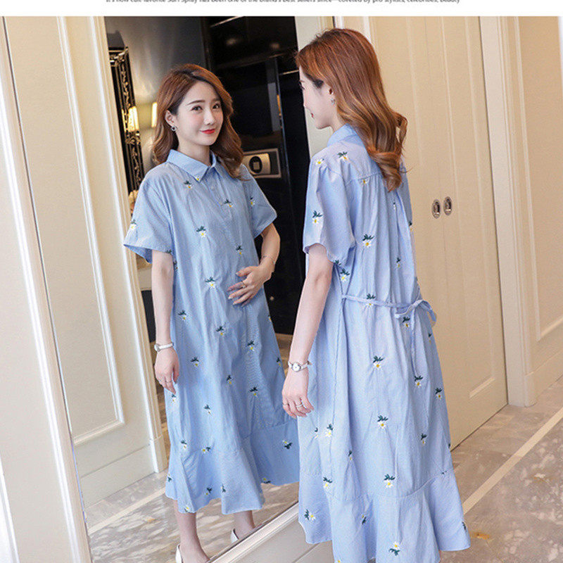 여름 새 스타일 한국 대형 출산 착용 얇은 섹션 출산 롱 스커트 셔츠 임신 복장 플러스 지방 자수 스커트