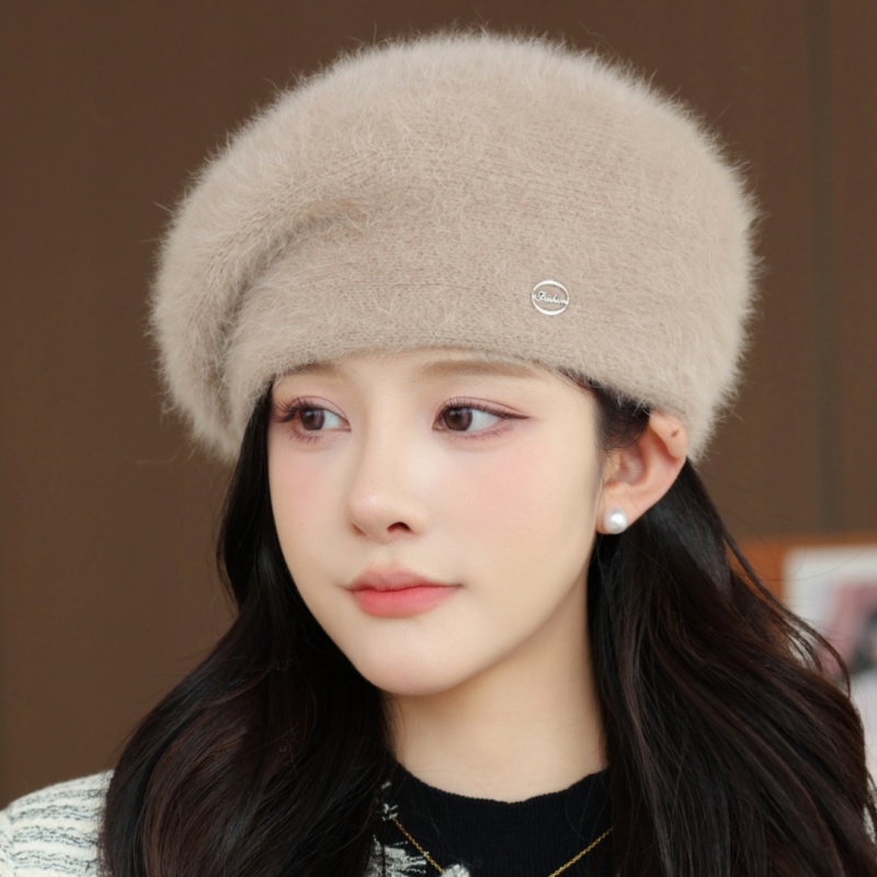 秋冬季新款兔毛贝雷帽子女时尚百搭保暖护耳针织帽加厚防寒毛线帽