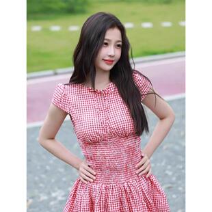 中餐厅虞书欣同款复古红色格纹短袖连衣裙夏季少女感可爱蓬蓬裙子