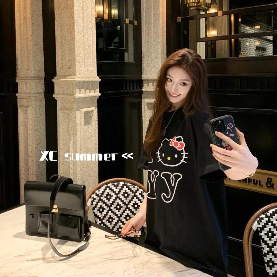 专柜新款||Open YY联名Hello猫印花宽松短袖T恤男女ins明星同款