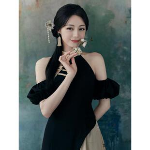 迪丽热巴同款新中式国风拼色连衣裙女夏收腰显瘦盘扣旗袍裙子长裙