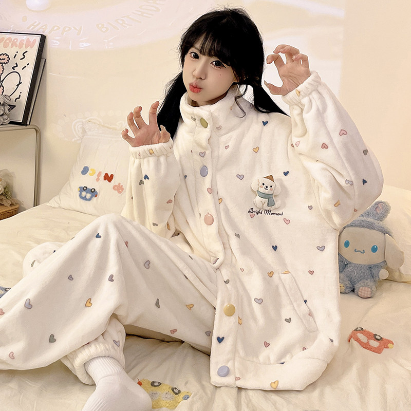 高领法兰绒睡衣女冬新款加绒开衫圆领卡通甜美休闲家居服套装冬天