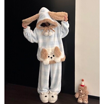 小狗连帽睡衣女珊瑚绒加厚冬季2025年新款卡通毛绒保暖家居服套装