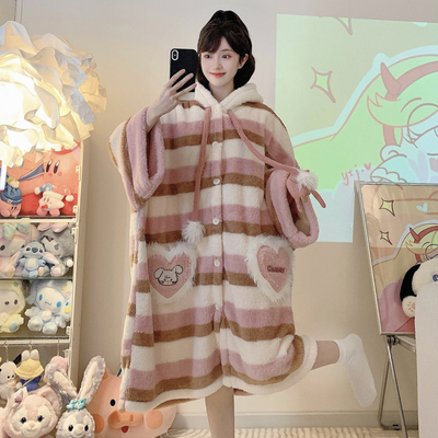 睡袍冬加厚女法兰绒连帽中长宽松公主风睡裙大码女胖300斤家居服