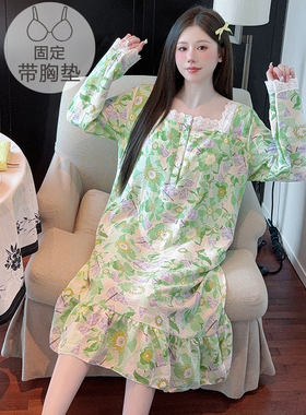 睡裙女长袖云朵棉大码胖MM220斤花边甜美中长款公主风带胸垫睡衣