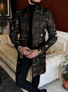 高端男士新款休闲大衣秋冬毛呢印花中长款时尚大衣外套厂家直销
