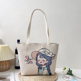 M款 鄰家女孩單肩通勤圖案休閑同多樣百搭易清洗手拎帆布包上班 式