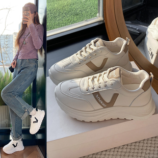 厚底德训鞋女春秋新款学生圆头系带防水台皮面增高防滑休闲运动鞋