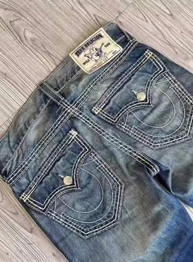 跨境电商美式高街潮牌牛仔裤白色粗线大佛Religion直筒休闲裤男