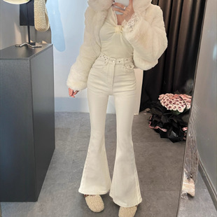 实拍牛仔裤女怀旧复古喇叭马蹄裤高腰设计修身弹力微喇长裤子7067