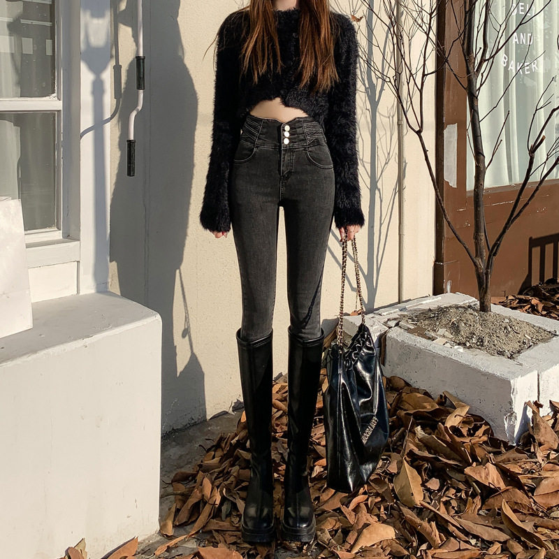 高腰牛仔裤女2022年秋季新款网红浅色修身显瘦显高紧身铅笔小脚裤