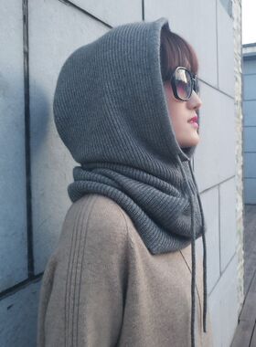 秋冬季羊毛脖套男女帽子一体加厚保暖针织毛线围脖护耳假领子连帽