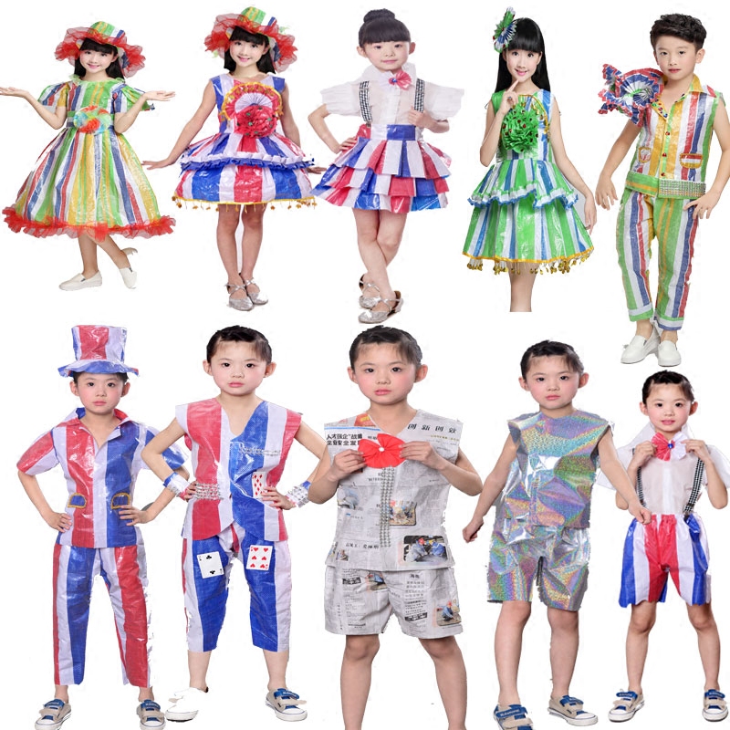 儿童六一环保服冬学生时装秀演出服幼儿园亲子装走秀服成人走秀裙