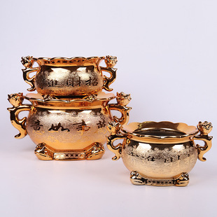 陶瓷供奉莲花双耳香炉家用万事如意供佛佛堂沙金佛前室内香灰炉