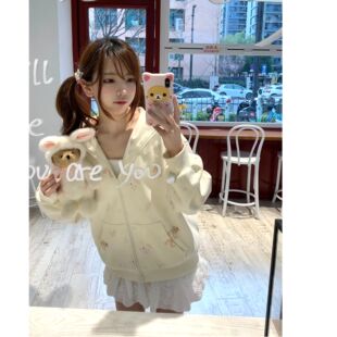 印花宽松连帽拉链开衫 甜妹春季 卫衣～ 甜点兔 「小鸟原创」