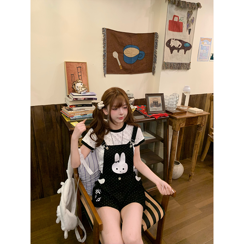 「小鸟自制」“卡通背带”可拆卸甜妹宅萌纯棉背带裤t恤套装～