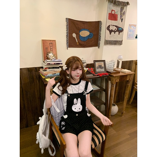 「小鸟自制」“卡通背带”可拆卸甜妹宅萌纯棉背带裤t恤套装～