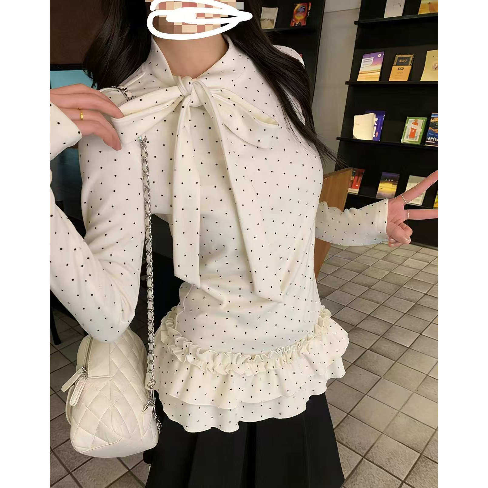 小鸟内搭 杏色波点绑带内搭修身长袖打底衫女设计感叠穿更好看~