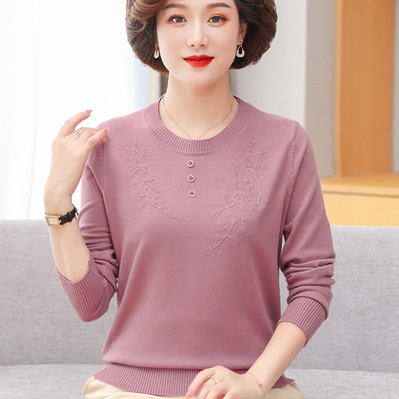 中年春秋弹力上衣新款中老年女春装薄款毛衣40岁50妈妈纯色打底衫