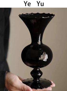 中古黑硝子玻璃花器黑花瓶客厅