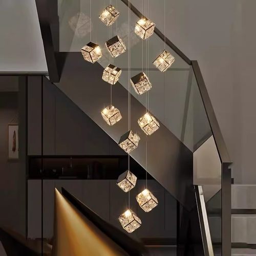 轻奢魔方水晶楼梯吊灯