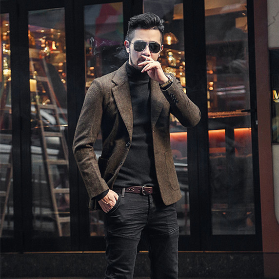 秋冬款羊毛人字纹西装外套男大码 英伦复古粗花呢修身休闲西服