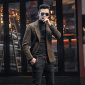 英伦复古粗花呢修身 外套男大码 休闲西服 羊毛人字纹西装 秋冬款