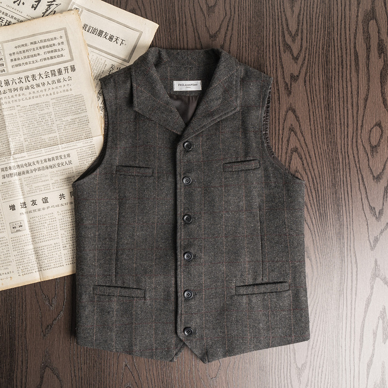 复古英伦咔叽粗花呢意大利领马甲