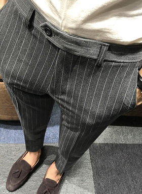 条纹胖子大码修身小脚显瘦九分裤