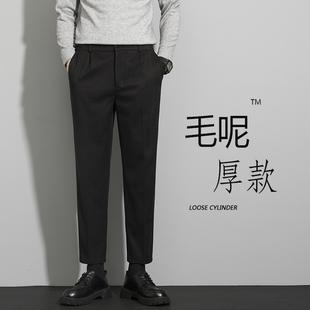 男士宽松大码直筒毛呢西裤春秋款松紧腰长裤子 加厚磨毛西装裤潮