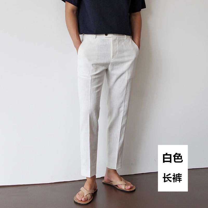 thumbnail for Linen trousers men's white cotton linen cropped pants men's casual pants breathable suit pants straight large size summer