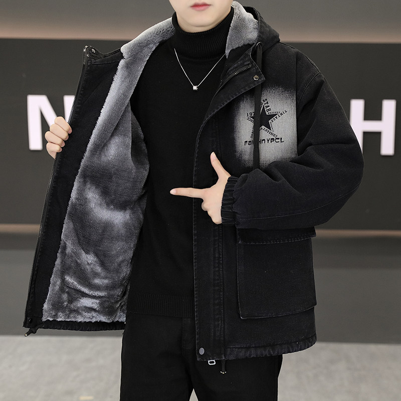 加绒加厚牛仔外套男冬季初中高中学生棉袄中长款连帽保暖派克服