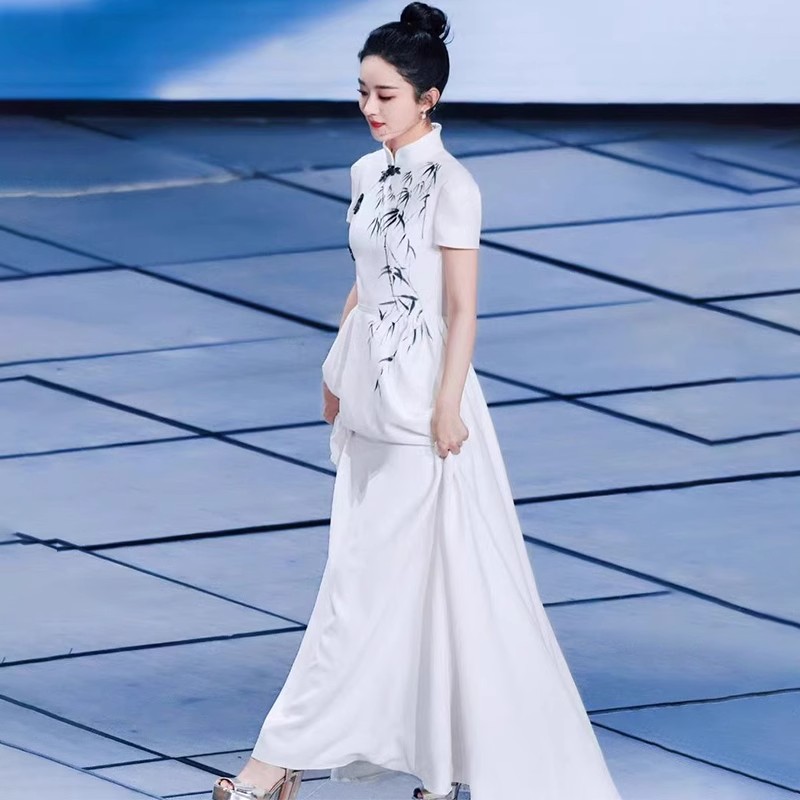 春晚国色赵丽颖同款礼服竹子水墨新中式大合唱团演出服女长裙旗袍