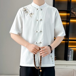 一套 短袖 刺绣衬衫 衬衣冰丝透气立领盘扣休闲中式 中国风唐装 男夏季