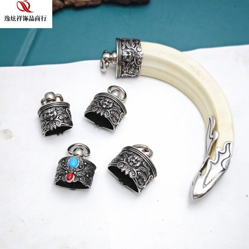 纯铜虎头套挂件复古项链三面猪牙专用套藏银镶嵌手工吊坠复古风