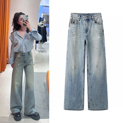 牛仔裤2025春新品涂污喷污洗磨做旧直筒长裤高腰阔腿裤