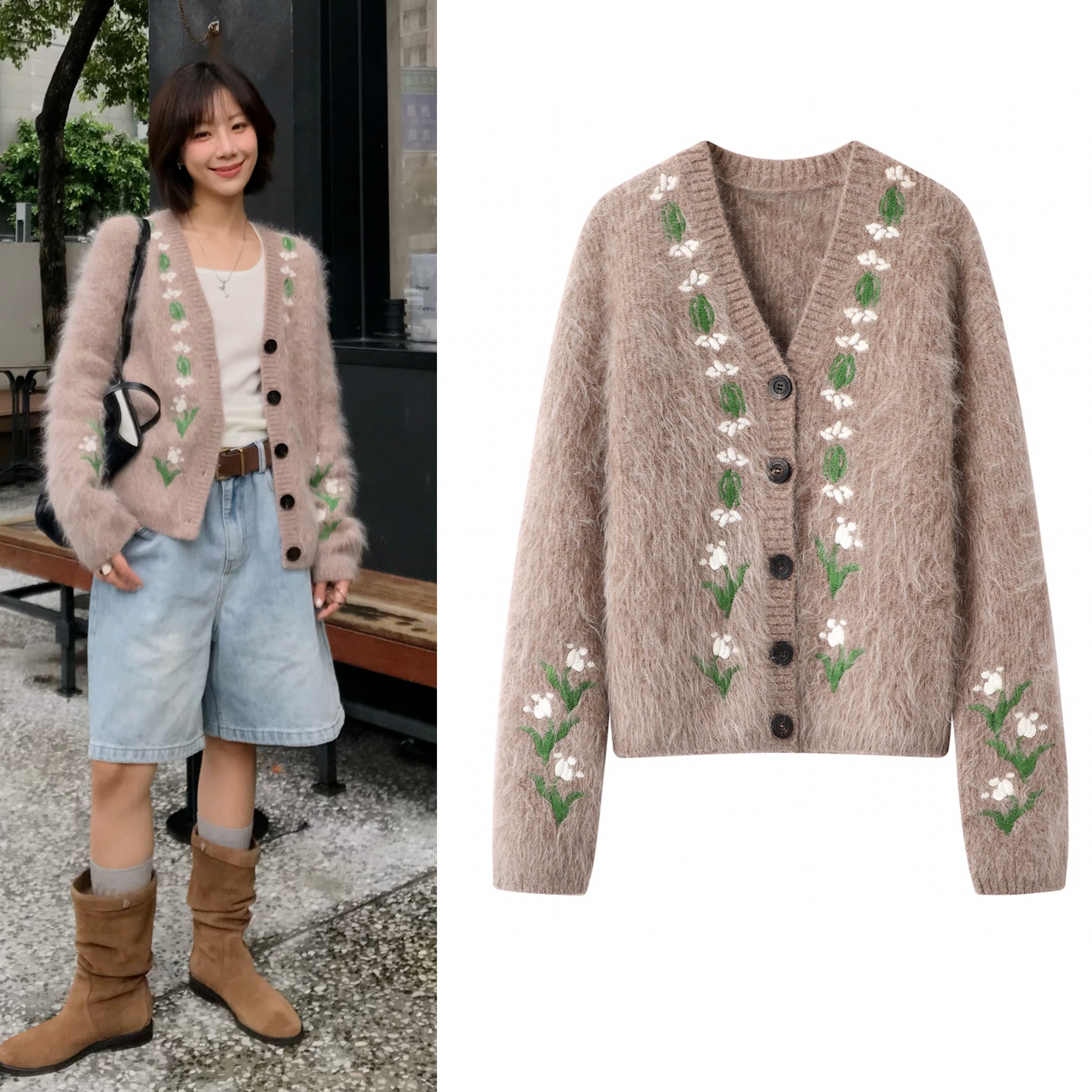 2025秋季新款复古温柔风小玲兰刺绣马海毛混纺宽松v领毛针织开衫