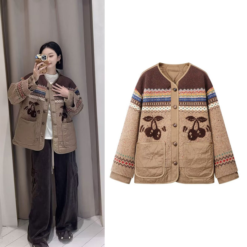 棉外套复古奶奶风宽松樱桃提花