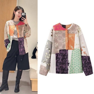 刘雯同款2026春新款新中式复古重工提花刺绣拼色圆领彩色毛织开衫